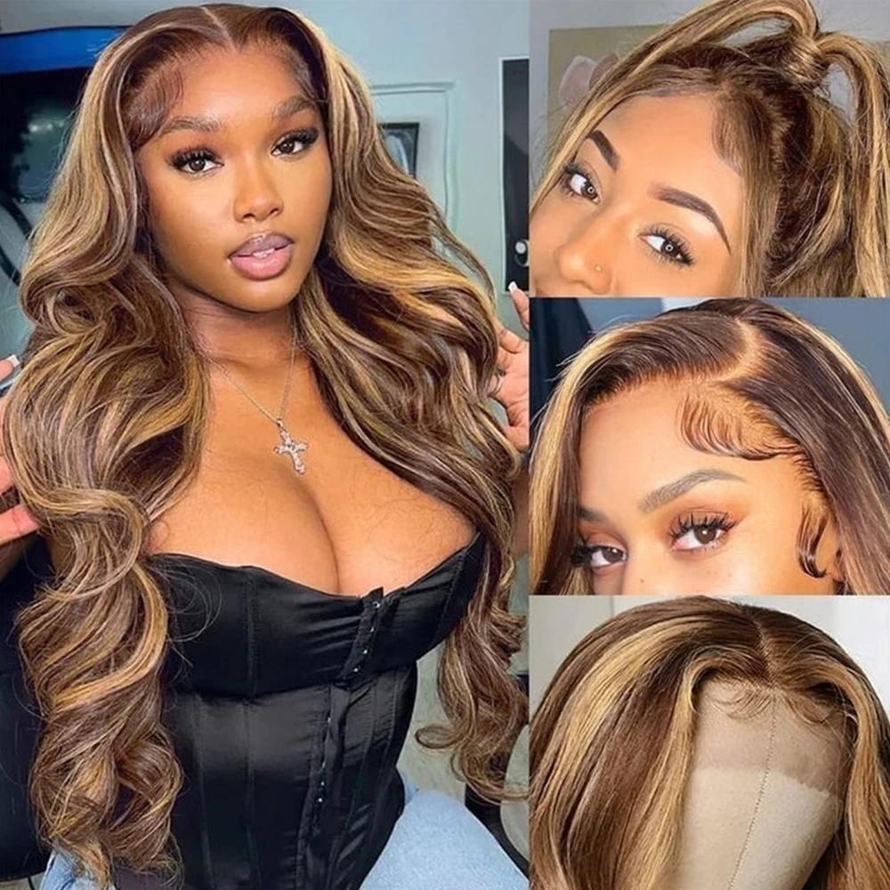 BB Face Body Wave 13x6 HD lace Front Human Hair Wigs P4/27 Highlight 180% density Pre plucked 99j Lace Frontal Human Hair Wigs For Women With Baby Hair