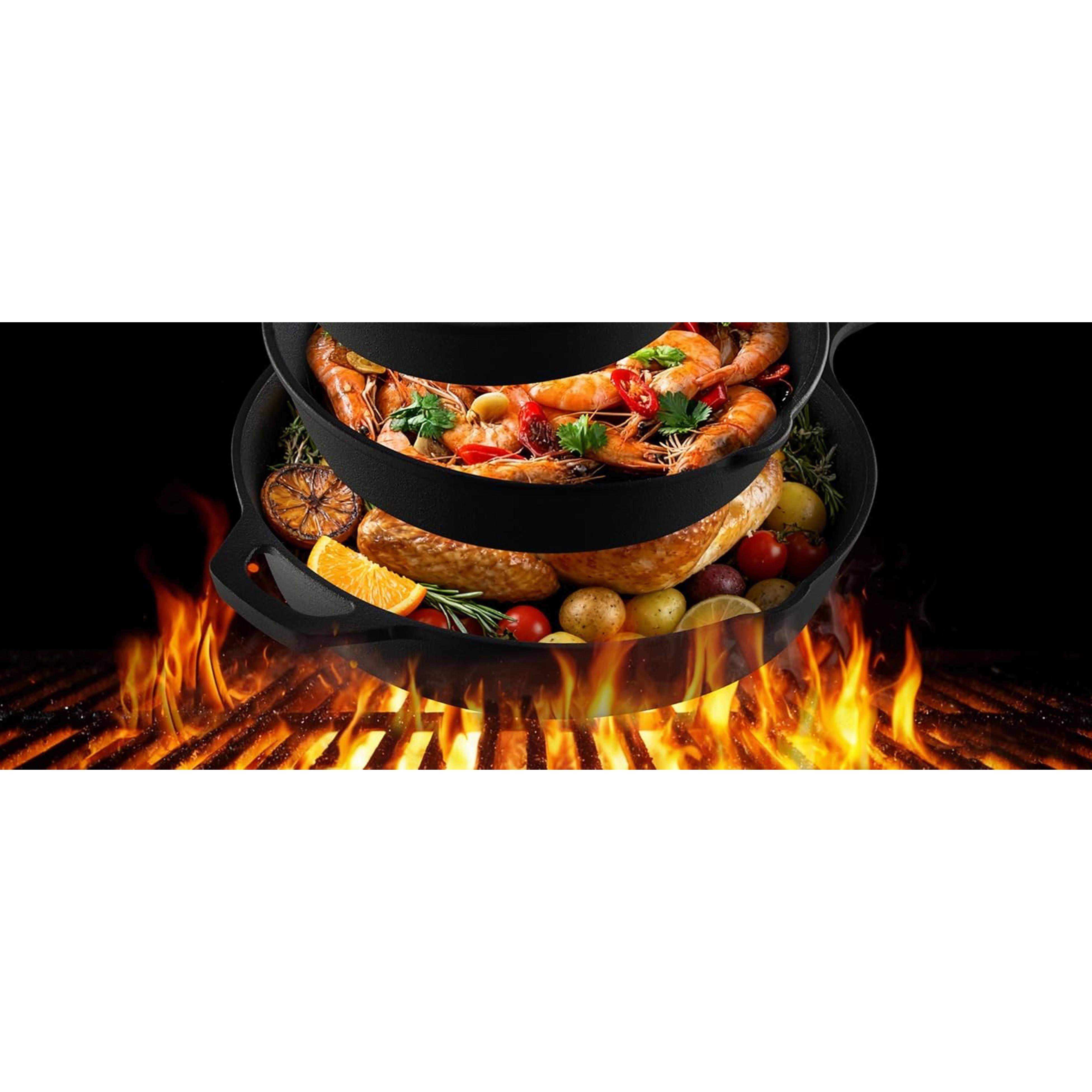 Cast Iron Skillet 3-Piece Set, Heavy-Duty Professional Restaurant Chef Quality Pre-Seasoned Pan Cookware Set, 6", 8", 10" Pans For Frying, Saute, Cooking, Use Indoor/Outdoor, Oven, Grill
