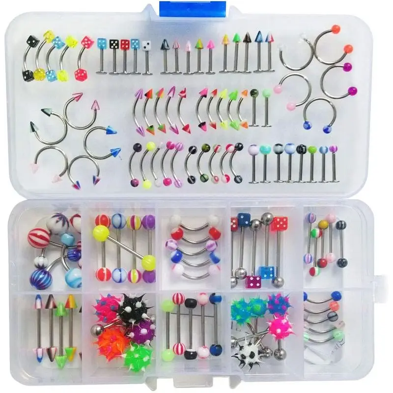 110-piece body piercing jewelry set (no duplicates), including eyebrow studs, navel studs, tongue studs, lip studs, nose studs, septum rings, etc., with a total of 22 styles: Oasis Plus