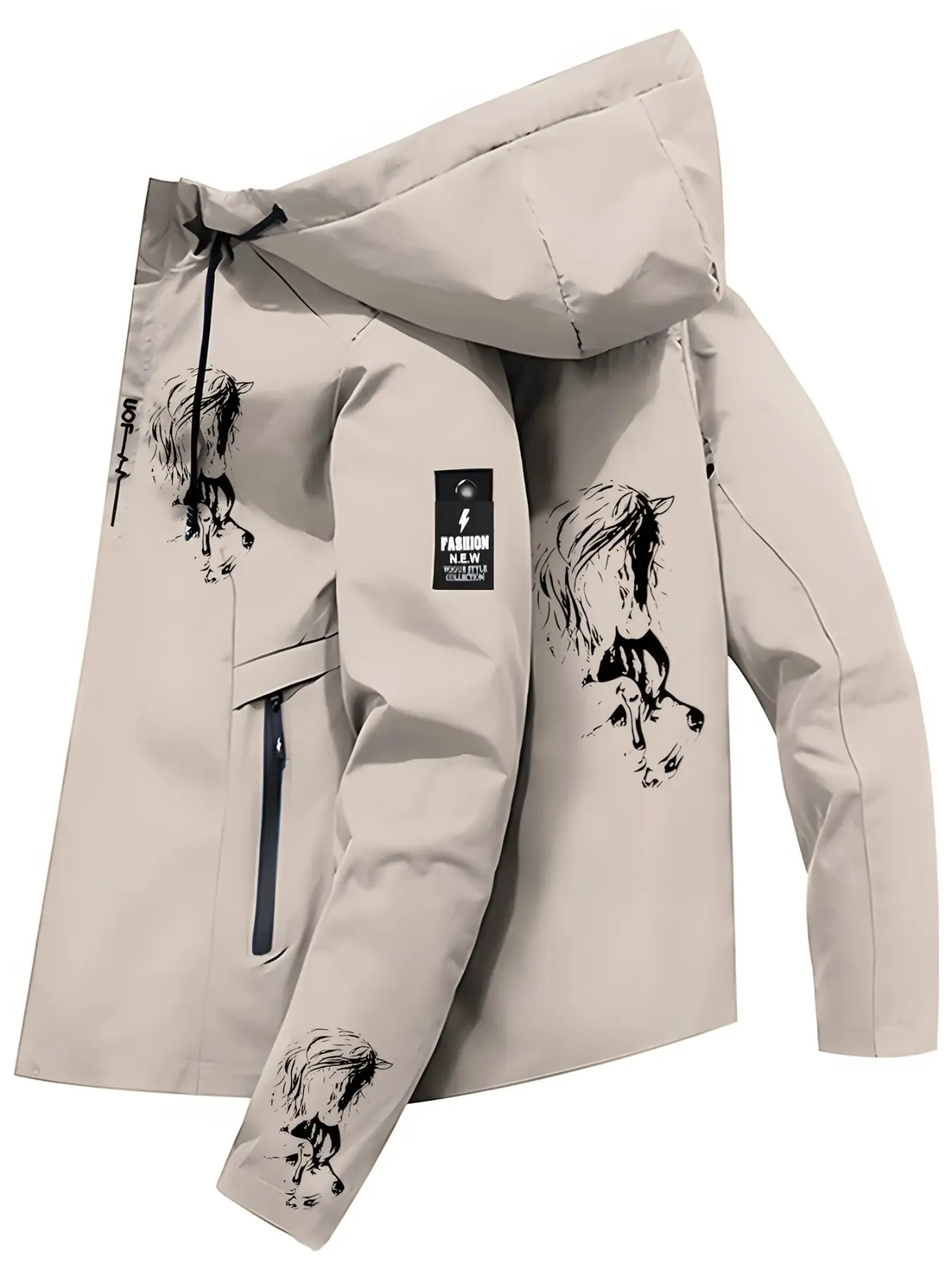 Unisex Reversible Horse Pattern Zipper Hoodie Jacket, Casual Street Style Outerwear, Coat, All-Season Durable Design