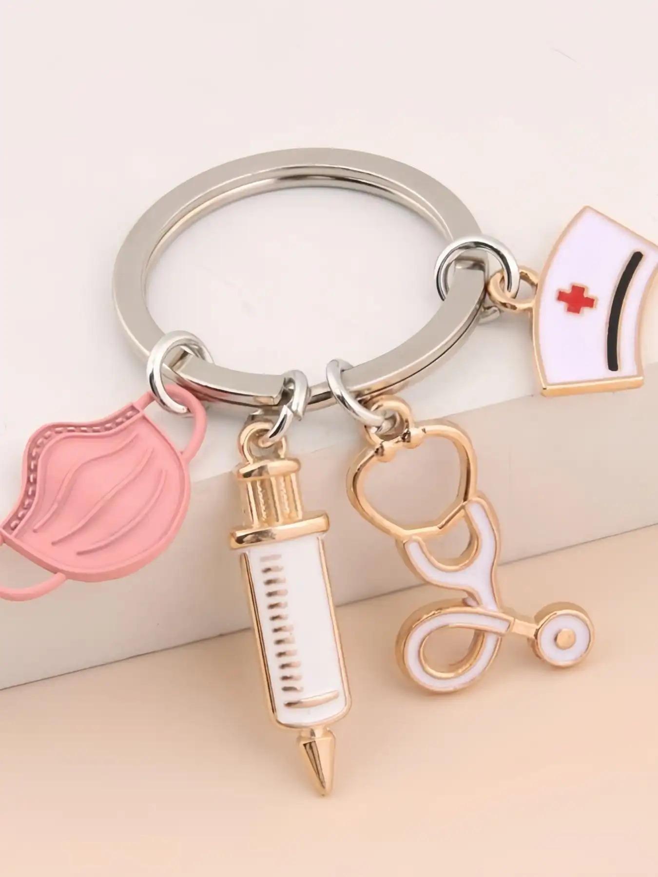 Nurse Mask Stethoscope Keychain Bag Charm, Cute Medical Tool Key Ring with Syringe Pendant and Nurse Cap Detail, Fashion Alloy Purse Accessory, Backpack Ornament, Car Key Holder and Scrubs Charm, Christmas Halloween Birthday Holiday Gift for Mom, Wife, Gi