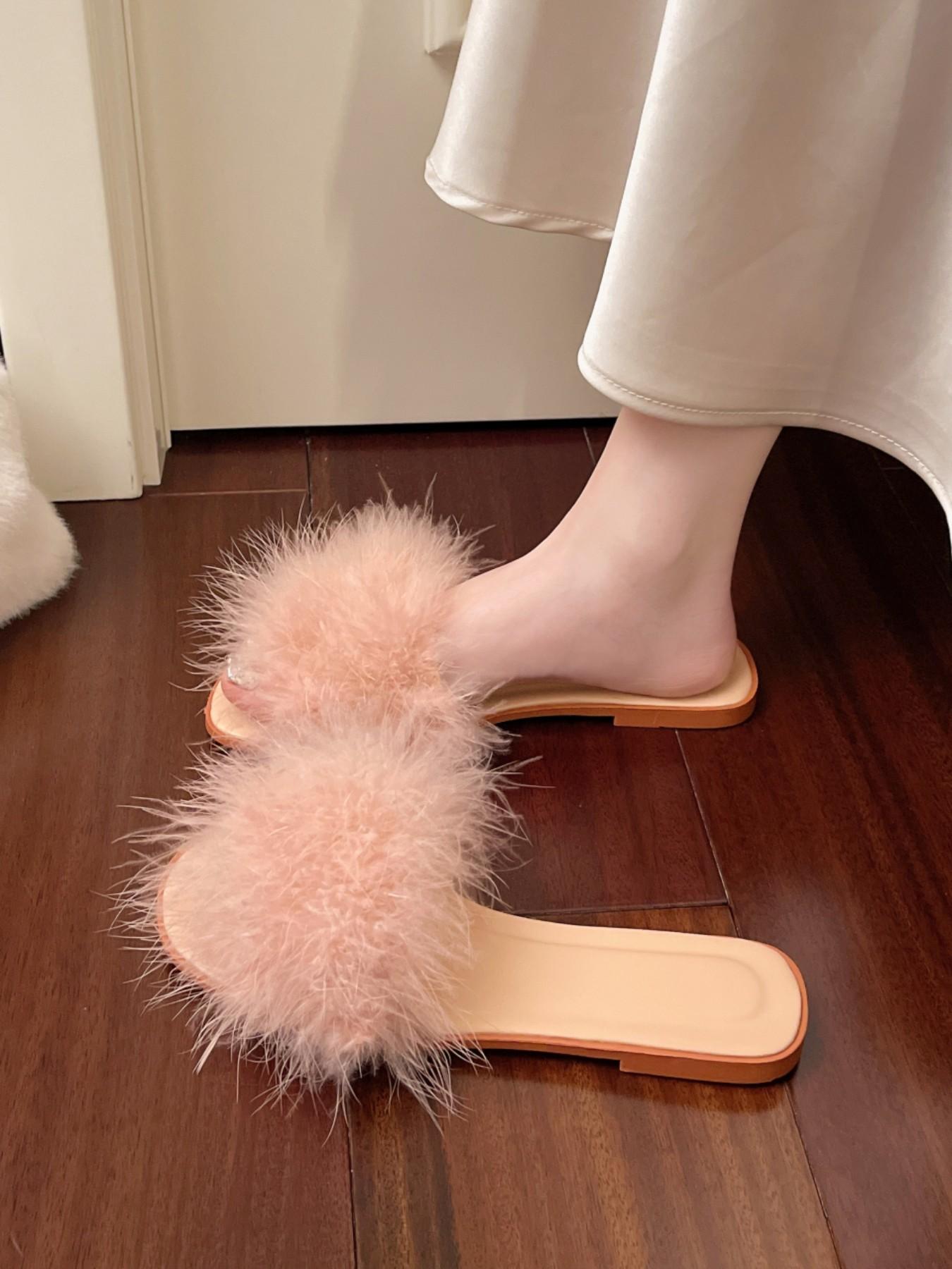 Women's New Plush Slippers, Indoor Outdoor Wear, Fashion Low Heel Wedding Bridesmaid Slippers, Comfortable Textile Upper, Elegant Style