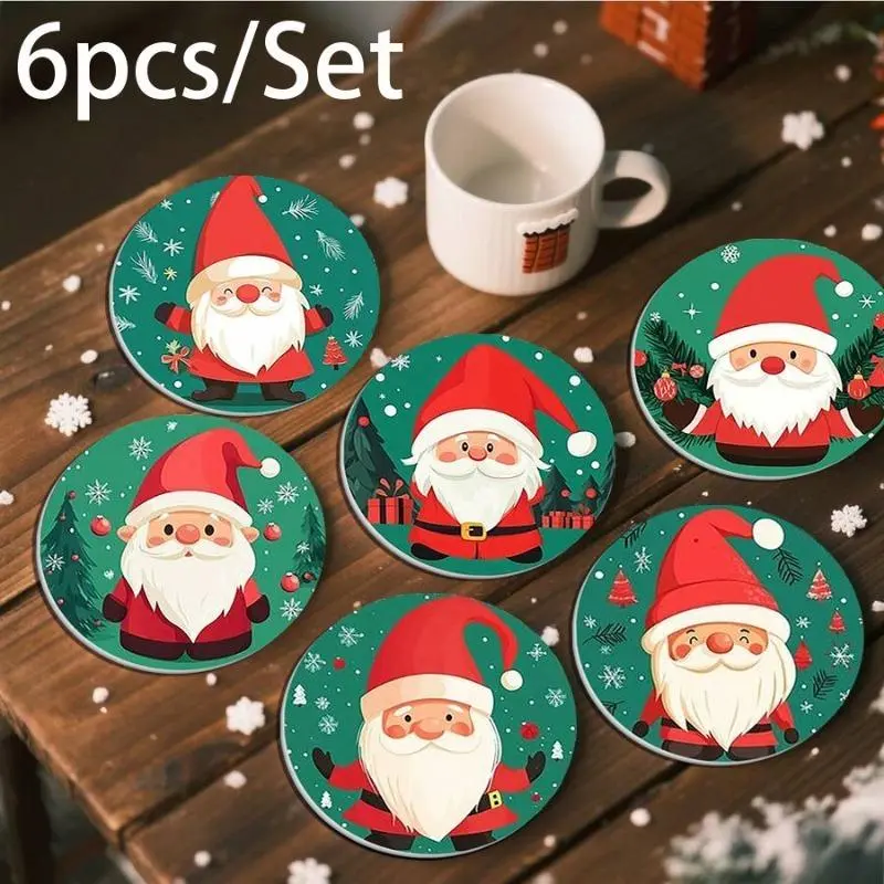 Cartoon Santa Claus Circular Christmas Coasters (6 Pieces/1 Set) - Water-Absorbent, Heat-Insulating Drink Mats, Green Snowflake Xmas Home Decor for Dining Table, Car Cup Holders (Bag Accessories for Luggage & Bags Cleaning & Care)