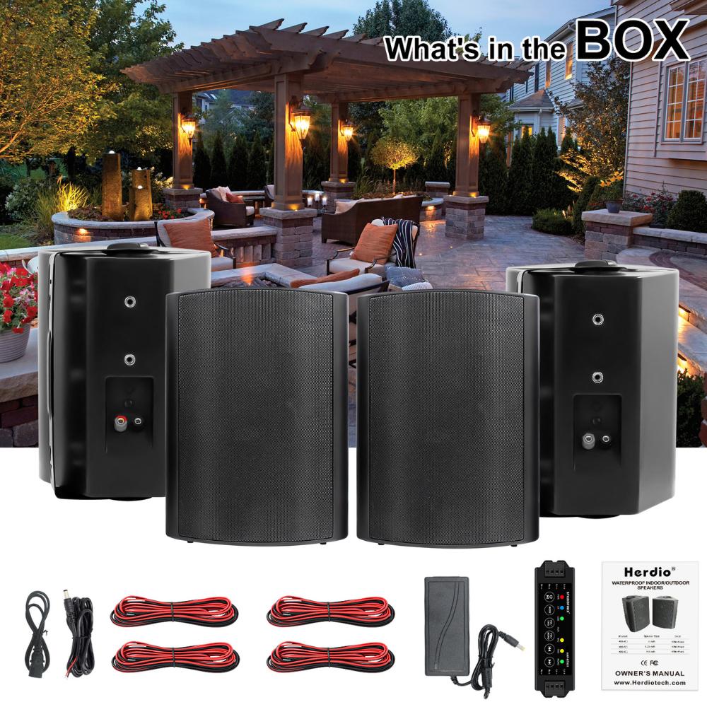 Herdio Wireless Bluetooth Connectivity, Stereo Audio Kit for Android/IOS Devices, Waterproof Material, For Outdoor Wall Mounting (Pair, Black/White)