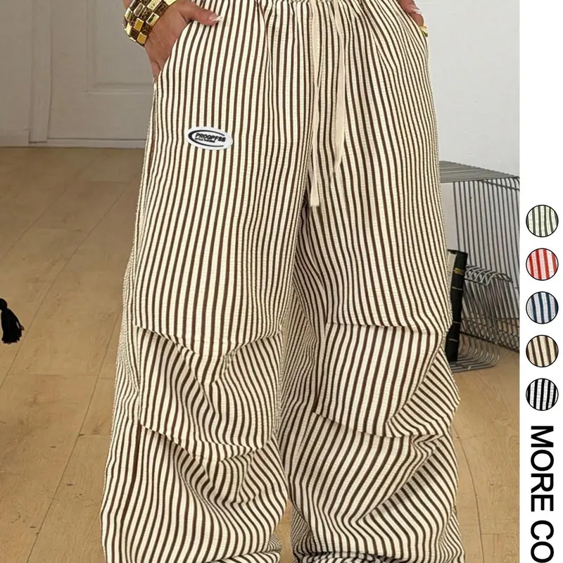 1 Piece Adjustable Drawstring Waistband Vertical Striped Side Pockets Oval Letter Patch 3D Ruched Loose Wide Leg Pants Trousers, Runs small,recommend sizing up