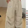 1 Piece Adjustable Drawstring Waistband Vertical Striped Side Pockets Oval Letter Patch 3D Ruched Loose Wide Leg Pants Trousers, Runs small,recommend sizing up