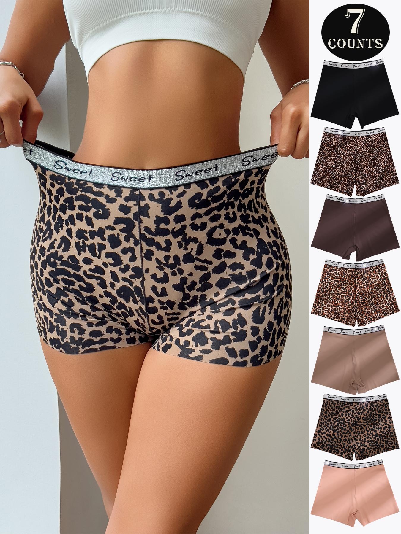 Women's Leopard & Plain Print Contrast Letter Tape High Waisted Boxer Brief, Soft Comfy Breathable Panty for Daily Wear, Underwear for All Seasons