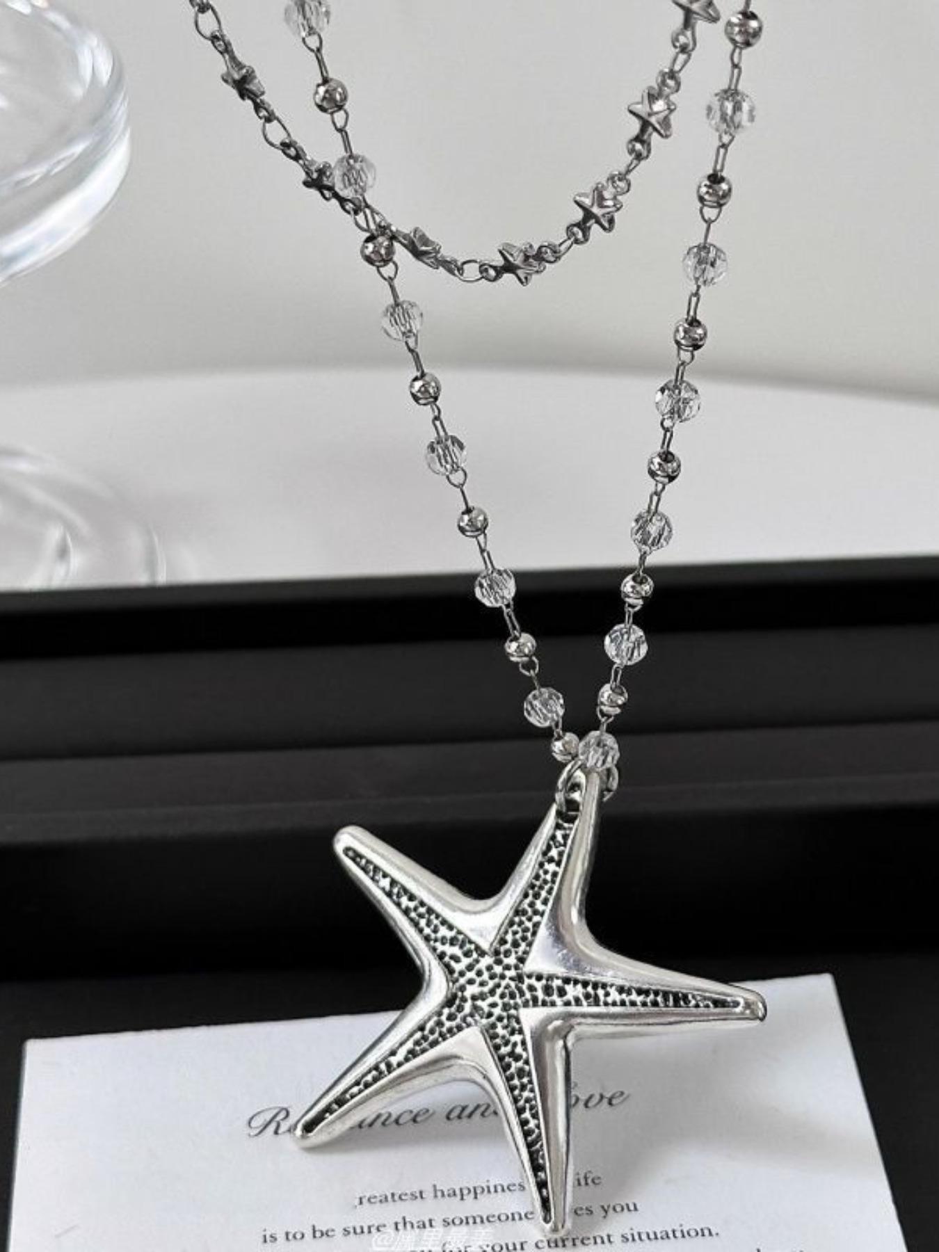 Y2K Trend Crystal Beaded Star Chain Sea Urchin Pendant Necklace, Vintage Long Design for Women, Perfect for Daily Wear & Parties, Starfish Necklace