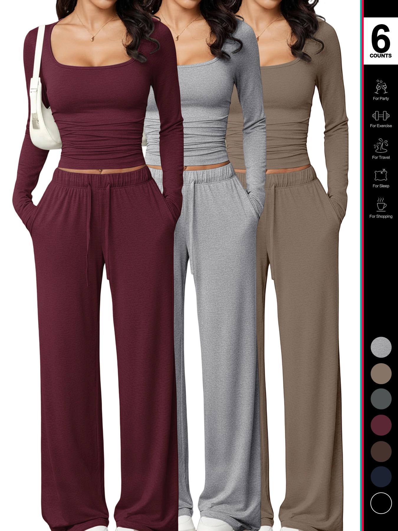 2026 Women's 2 Piece Matching Lounge Set, Square Neck Long Sleeve Crop Top, High Waisted Wide Leg Drawstring Pants, Casual Sweatsuit