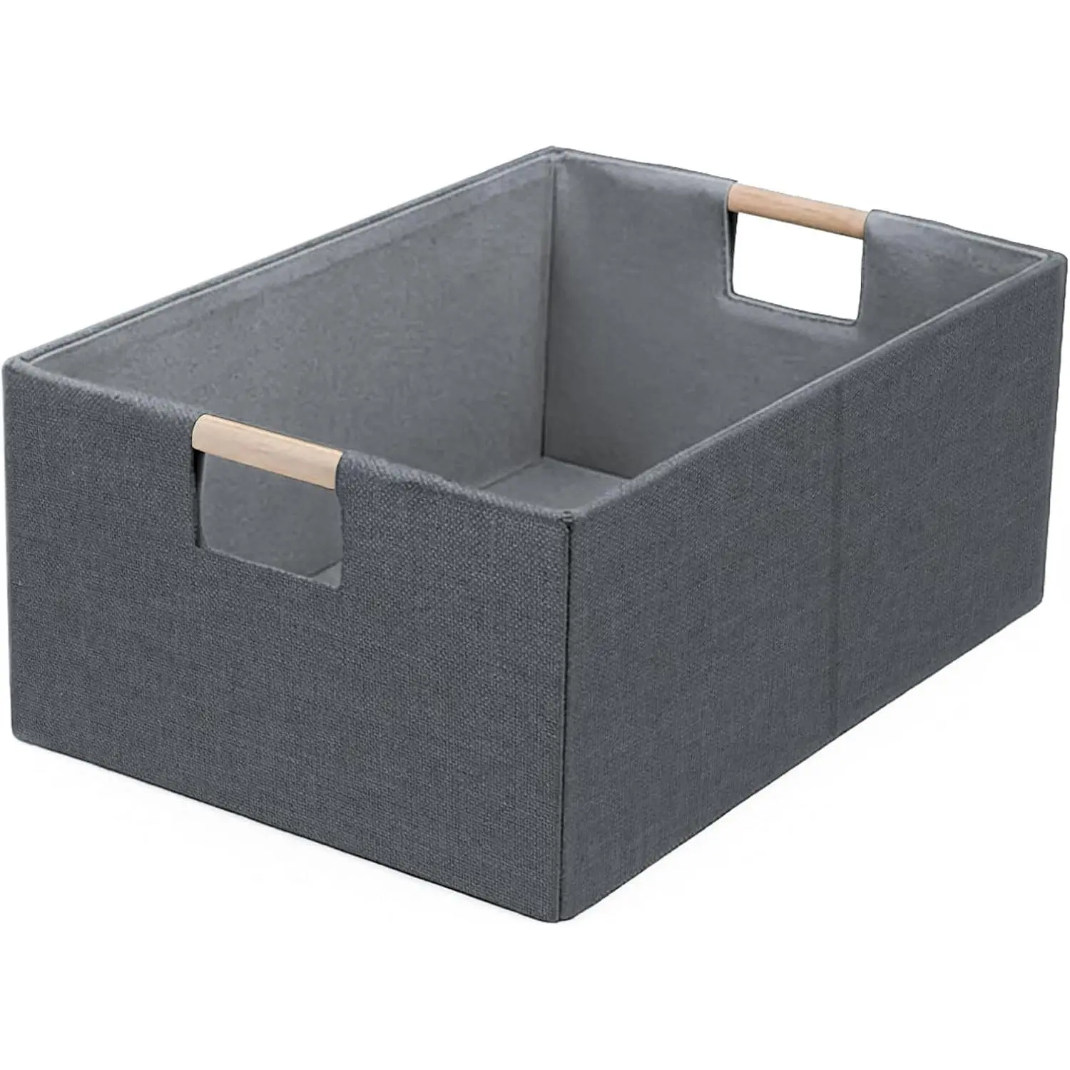 Collapsible Fabric Cube Storage Basket with Wooden Handles - Modern Home Decor Rectangular Box, Shelf Organizer Bin for Room Closet (16.5x12.2x6.7 in)