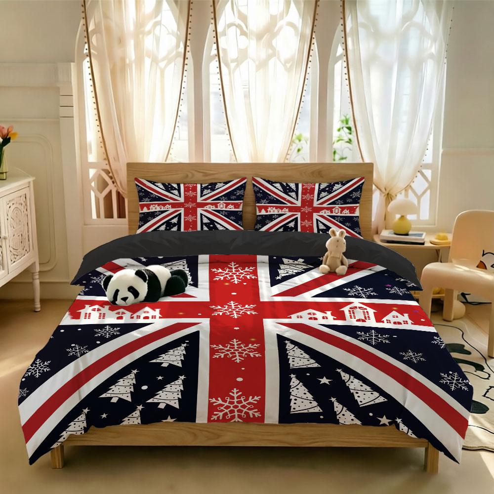 The 3-piece Christmas-themed British flag bedding set includes one bedspread and two pillowcases, without fillings. It's soft and comfortable, suitable for single beds and double beds, and ideal for use in bedrooms, dormitories, and hotels.