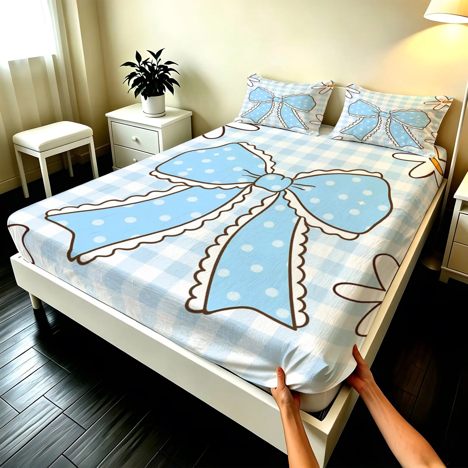 3pcs Fitted sheet Blue Bowknot Ruffle Polka Dot Gingham Print Soft Microfiber Bedding Set, Wrinkle Resistant Fade Proof Breathable Cozy Durable Bed Sheet Set for Bedroom Dorm Home, Fits Twin Full Queen King Sizes, Polyester Bedding Set