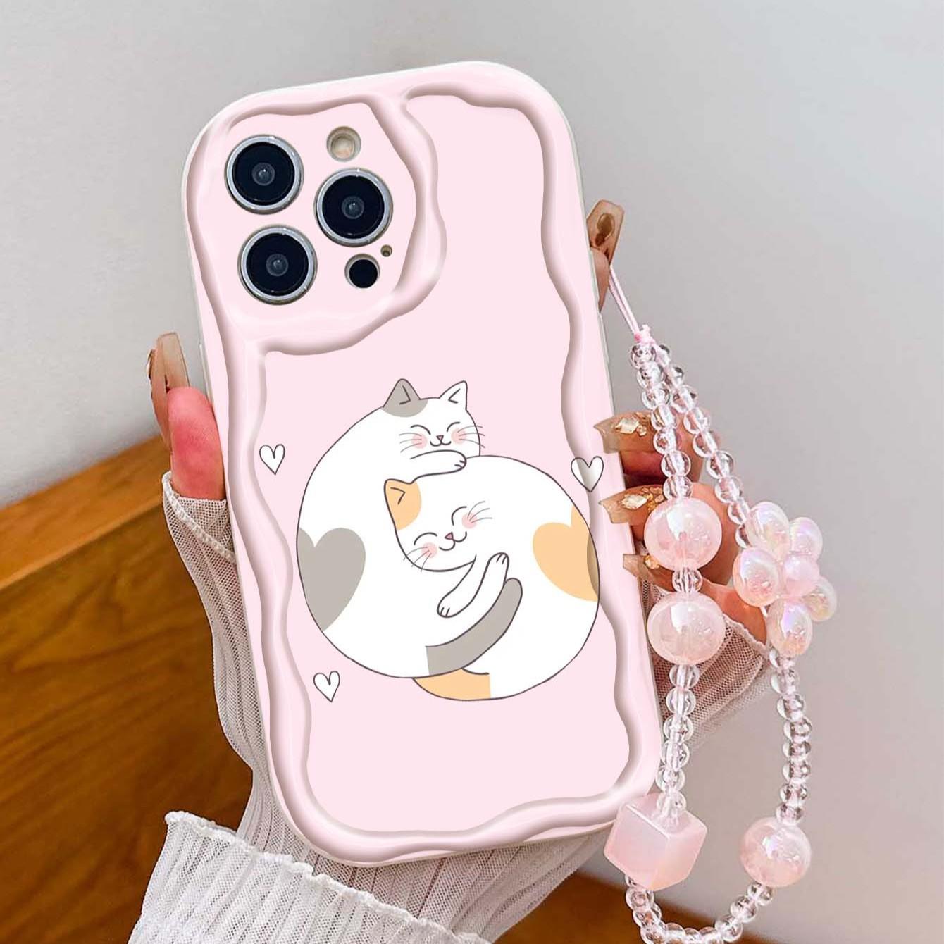 Cute Cat Design Tpu Phone Case with Lanyard, Shockproof Wave Edge, Compatible with Apple Models 11-17 Pro Max, Perfect Gift for Girls
