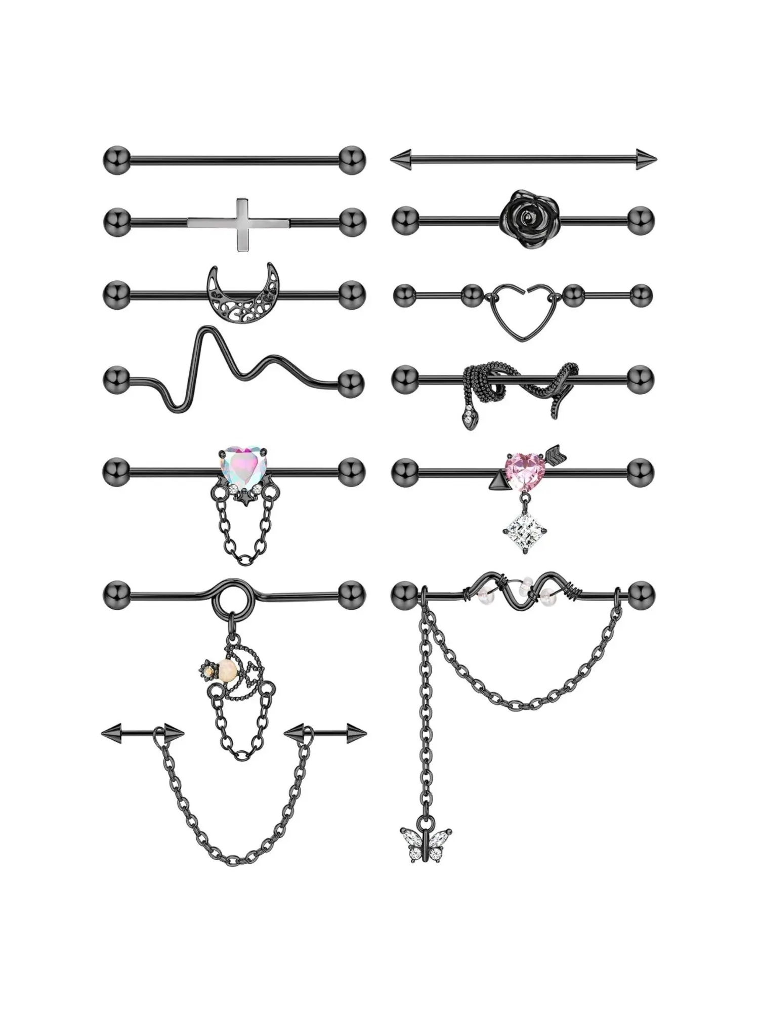 13 Pcs All-black Trendy Industrial Piercing Jewelry Set for Women Men Premium Stainless Steel Sturdy Copper Stable Texture for Long-lasting Use Practical Barbell Pieces Stylish Chain Accessories Vivid Snake Elegant Moon Shaped Decorative Studs