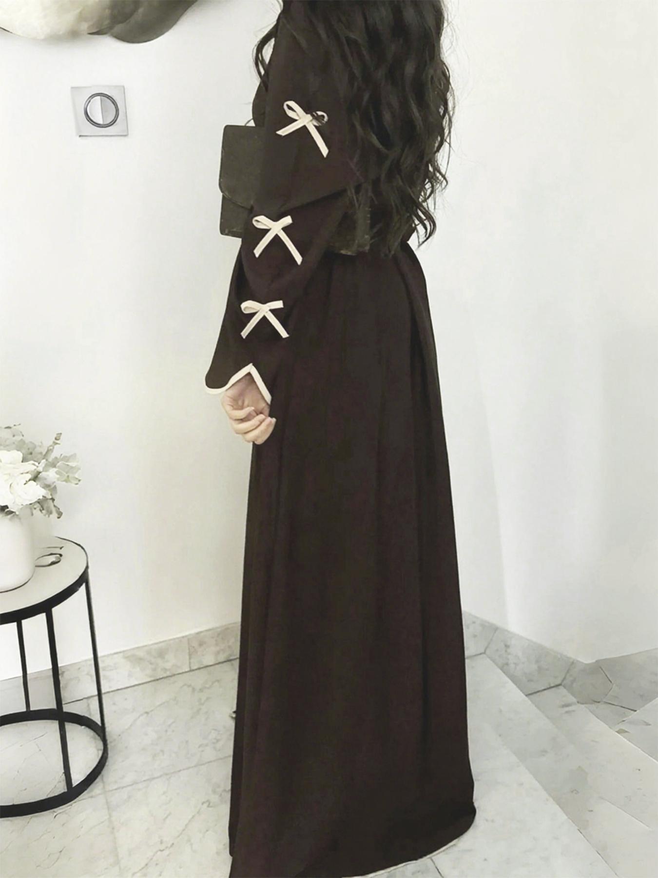 Women's Islamic Clothing Plus Size Dresses, muslims open abayas  Elegant Bow Design Bow Accent Long Dress, Soft Comfortable Casual Outerwear with Waist Belt Included, Spring & Fall Fashion