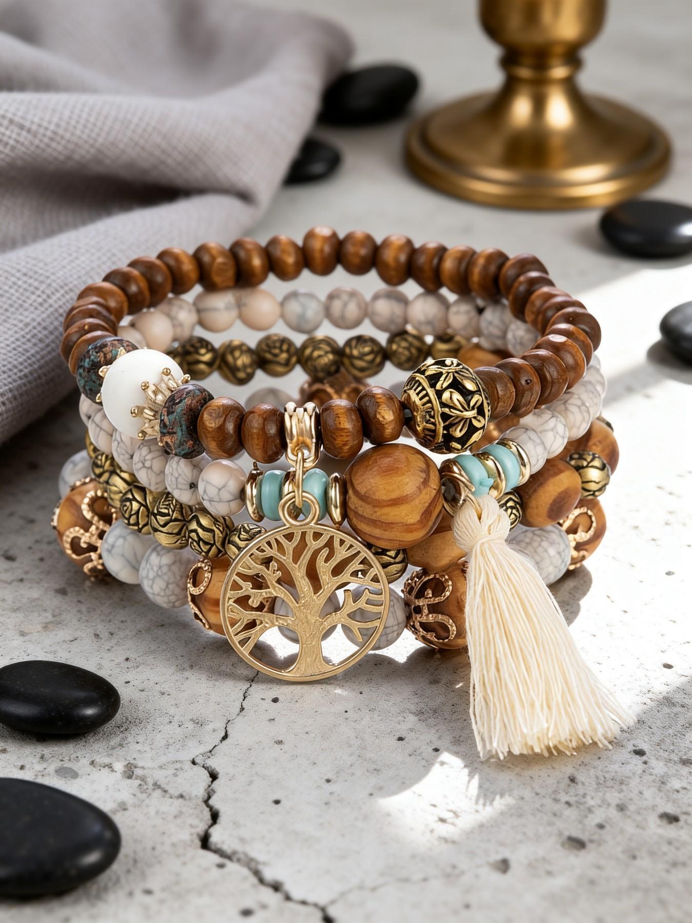 Boho Tree of Life Beaded Bangles Bracelets Set for Women - Multilayer Stackable Bohemian Jewelry with Tassel, Perfect for Black Girl Style & Festival Fashion