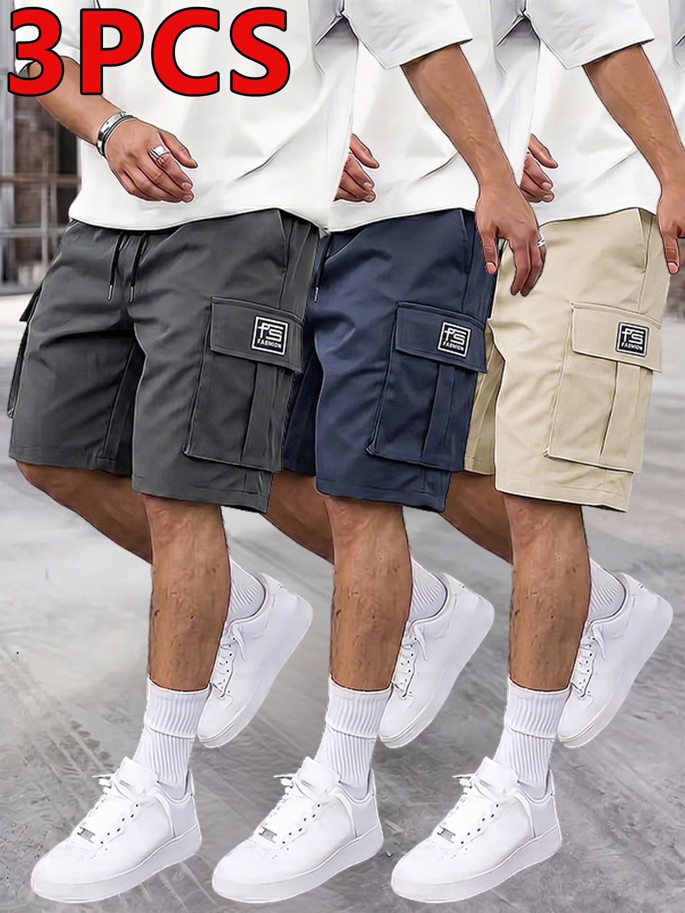 Men's 3-Pack Practical Loose Cargo Shorts, Drawstring Athletic Shorts, Large Side Pockets, Drawstring Waist, Casual Athleisure Street Style, Sportswear, Geometric, Summer Outdoor Sports