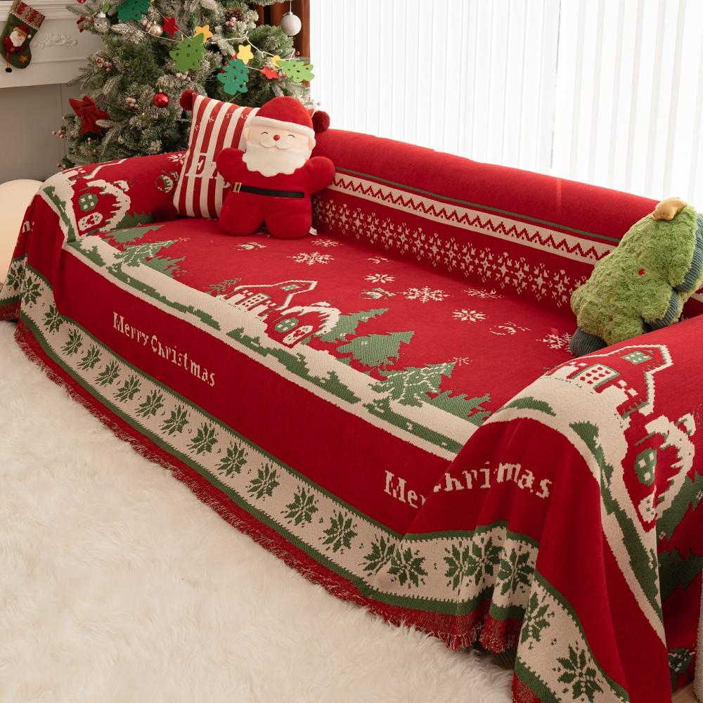 Christmas Sofa Throw Blanket with Tassels, Pet Protection, Fits 1-4 Seater Sofas, Home Decor Christmas Gift, Winter All-Purpose Cover