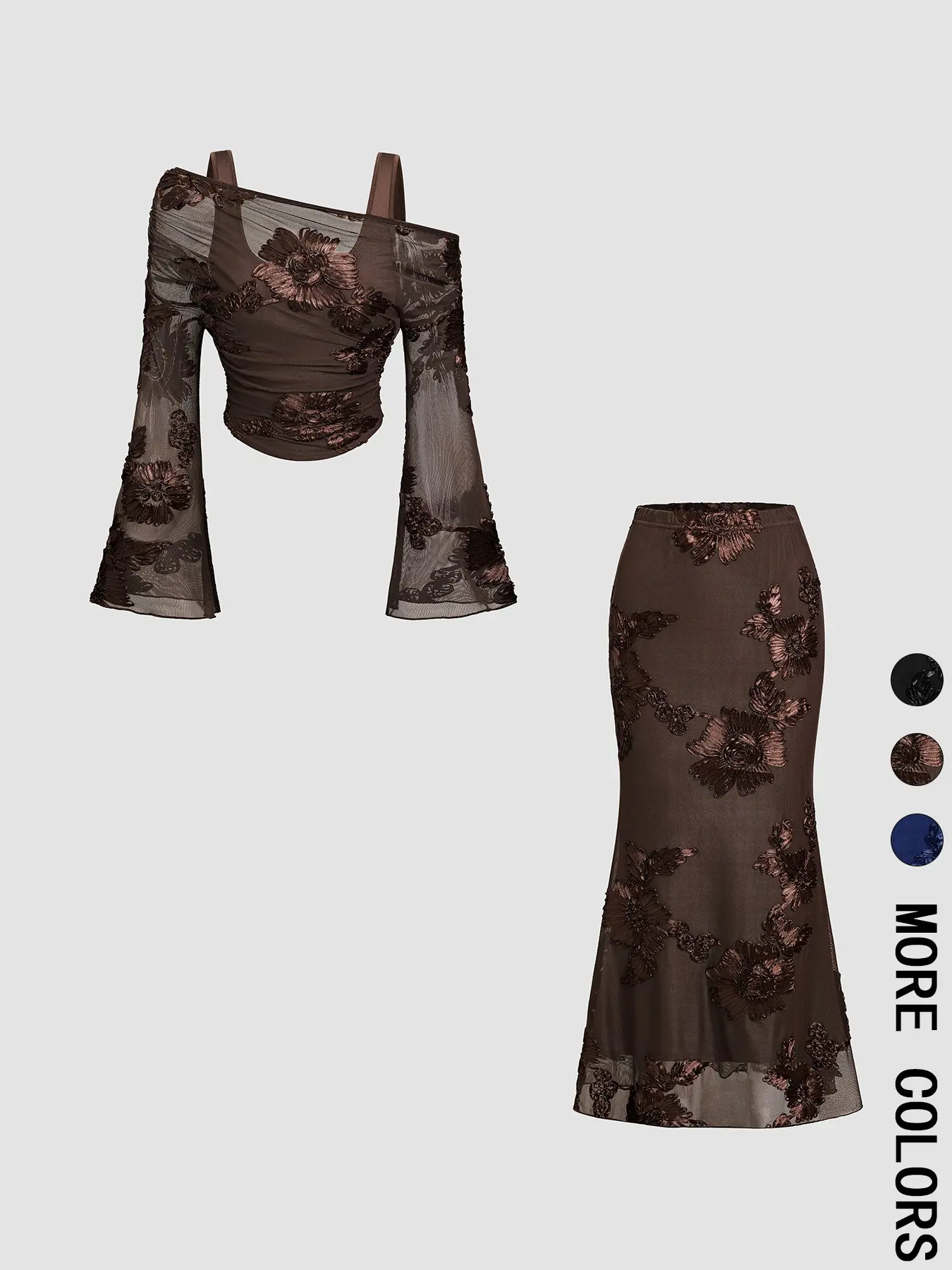 Elegant Off-Shoulder Halter Top with Floral Embroidery, Fish Tail Midi Skirt Set, Perfect for Dates, Parties, Vacations, Daily Wear