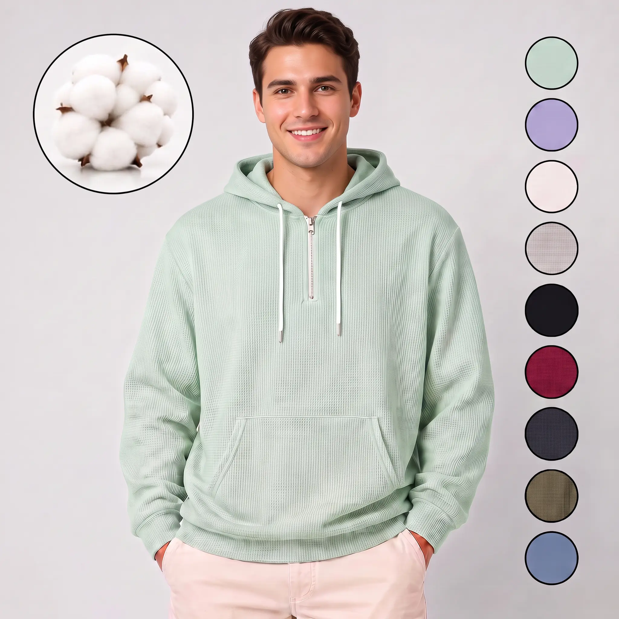 Men's Cotton Waffle Hooded Sweatshirt Menswear Longsleeves Plain Pullover Side Seam Pockets Comfortable Casual Wear Daily Unisex Fall Streetwear for Campus Travel 9 Colors