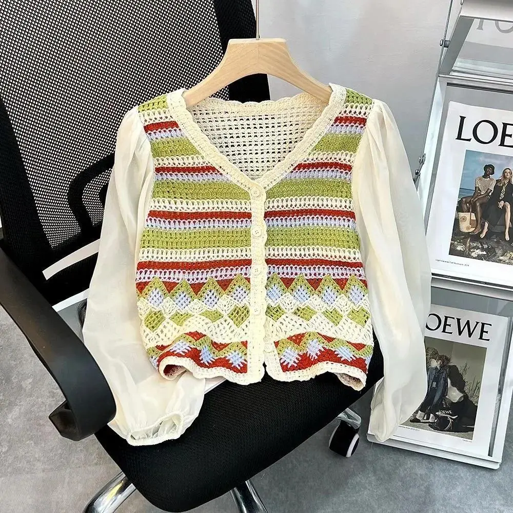 Women Crochet Top Long Sleeve Boho Multicolor Striped Button Front Open-knit Blouse Spring Summer 2026 Beach Bohemian Tops