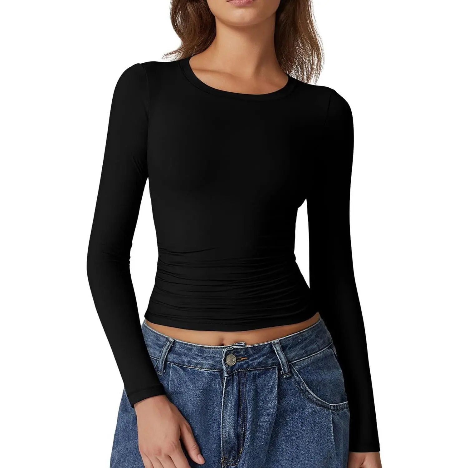 QINSEN Apparel Womens Crewneck Long Sleeve Shirt Double Lined Basic Tees Side Ruched Going Out Crop Tops