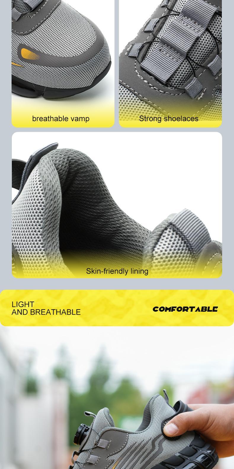 QINGRUIPAI Men's Breathable Mesh Work Sneakers Durable Anti-Slip Safety Shoes with Steel Toe Protection Comfort Fit for All Seasons Casual Striped Design Elastic Closure Non-Slip EVA Sole Outdoorfun Fathersdaygift