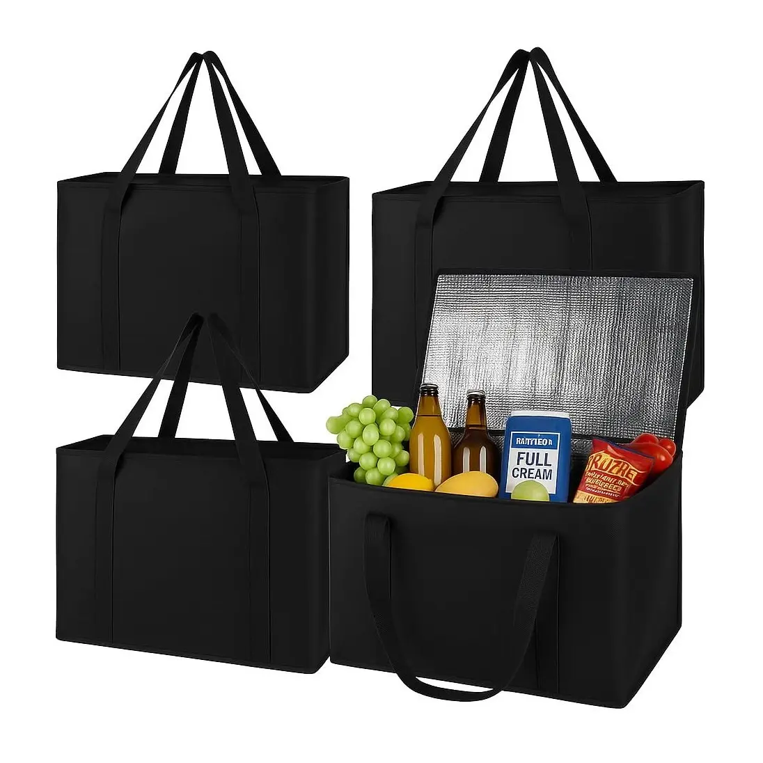 4-Pack Insulated Trunk Organizer Car Cooler Bag - Reusable Foldable Grocery Shopping Tote with Zipper, Black, Keeps Food ColdGift