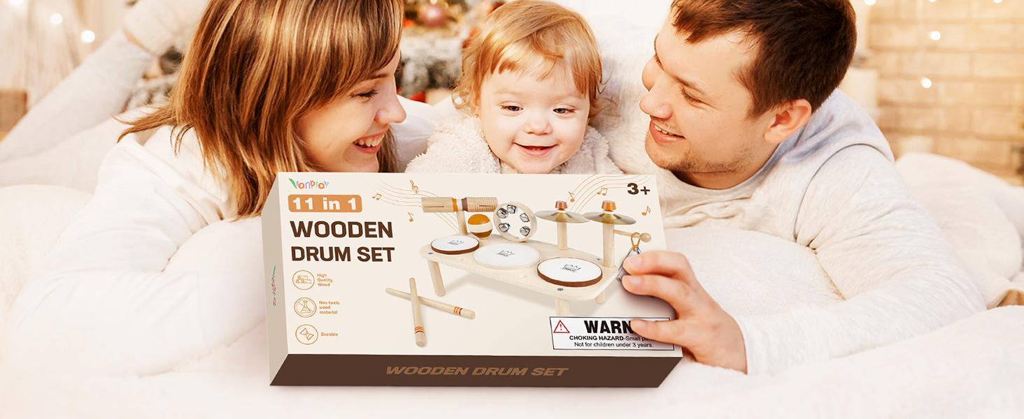 Joyreal Drum Set Toys for Kids, Wooden Musical Instruments Toys Set for Kids, Montessori Toys for Toddler, Christmas Birthday Presents，#SummerVibes