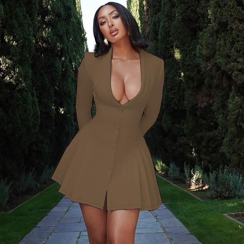 Women's Solid Deep V-Neck Pleated A-Line Dress, Elegant Formal Chic Button Front Long Sleeve Short Dress for Spring & Fall, Women's Clothing for Daily Wear