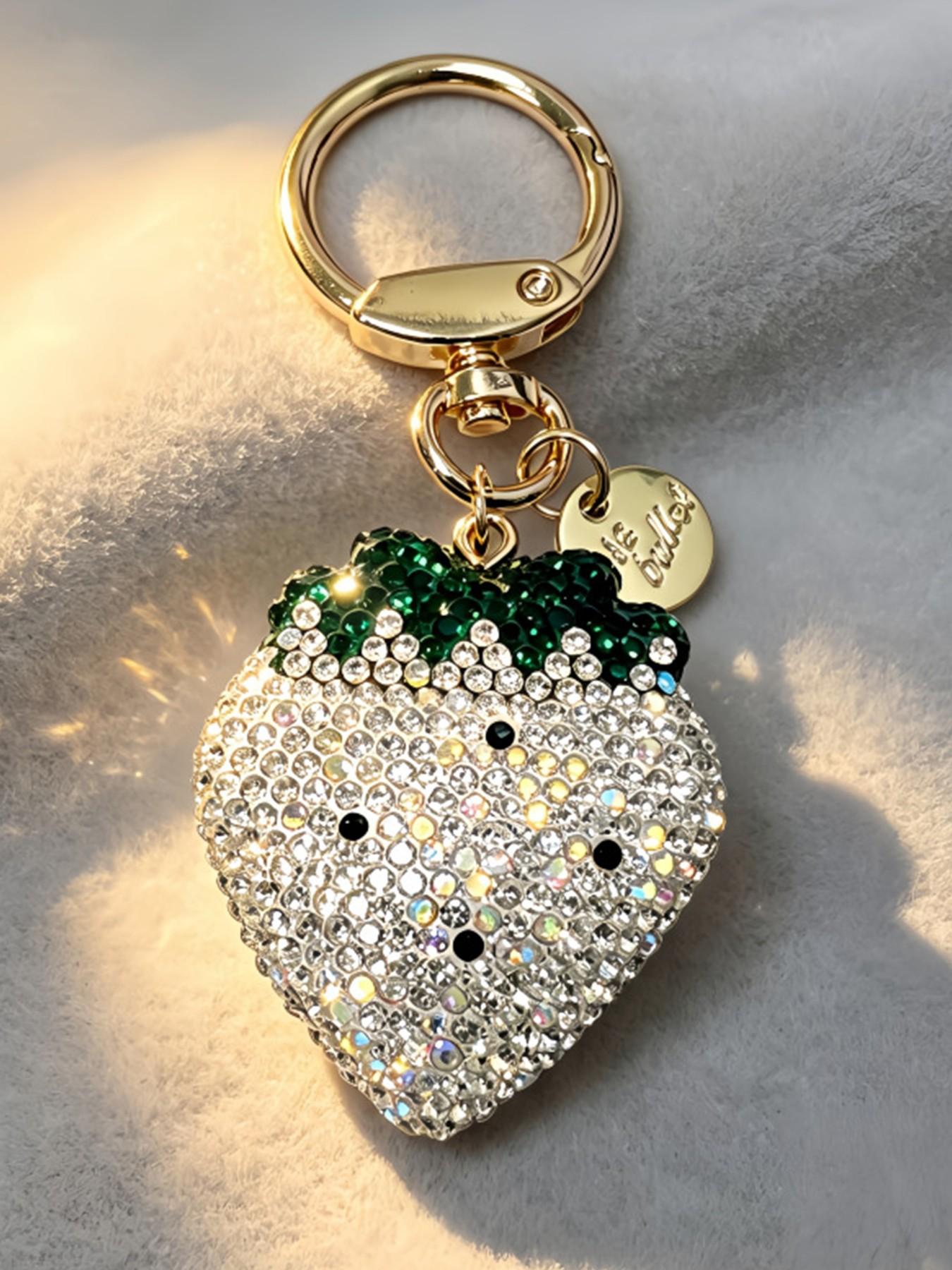 Rhinestone strawberry keychain, sparkly cherry bag charm, rhinestone fruit pendant, jubilee-themed bag decoration, full rhinestone keychain, luxurious pendant, sparkly bag accessory, full rhinestone strawberry accessory, full rhinestone cherry bag charm