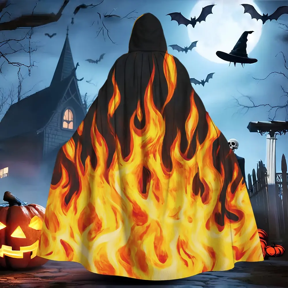 Cool flame-print hooded long cape, perfect for Halloween party cosplay. Features a one-piece hood, long, loose-fitting design, and is unisex; easy to put on and take off.