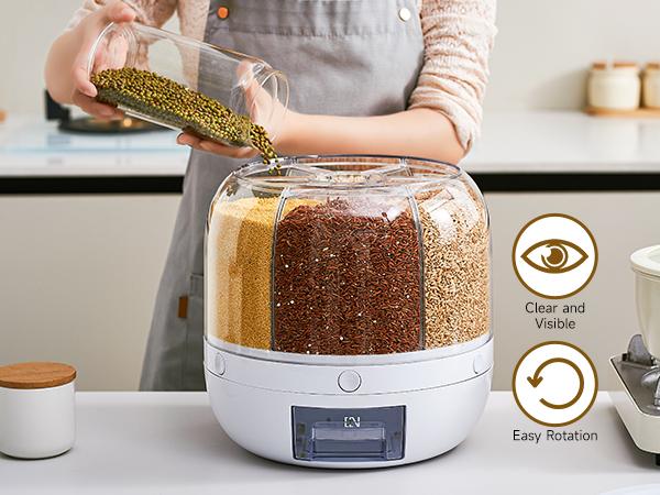 UFORU Moisture-Proof Grain Dispenser with lid, Proof & Insect-Proof, Durable Plastic,360°Rotating Design, Multi-GridGrain Storage Container Perfect for Rice, Grains, Cereals, Flour, Pet Food & Mini Candies  Kitchen Gadgets Kitchenware Home #SummerVibes