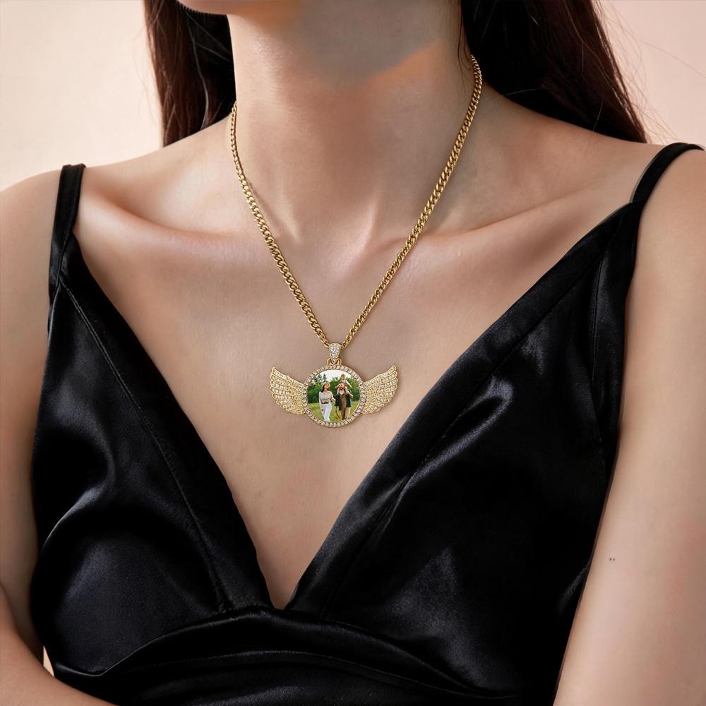 Personalized Memorial Necklace, Custom Necklace Wing Photo Pendant, Hip Hop Picture Necklace, Gold Necklace, Handmade Jewelry Memorial Gift