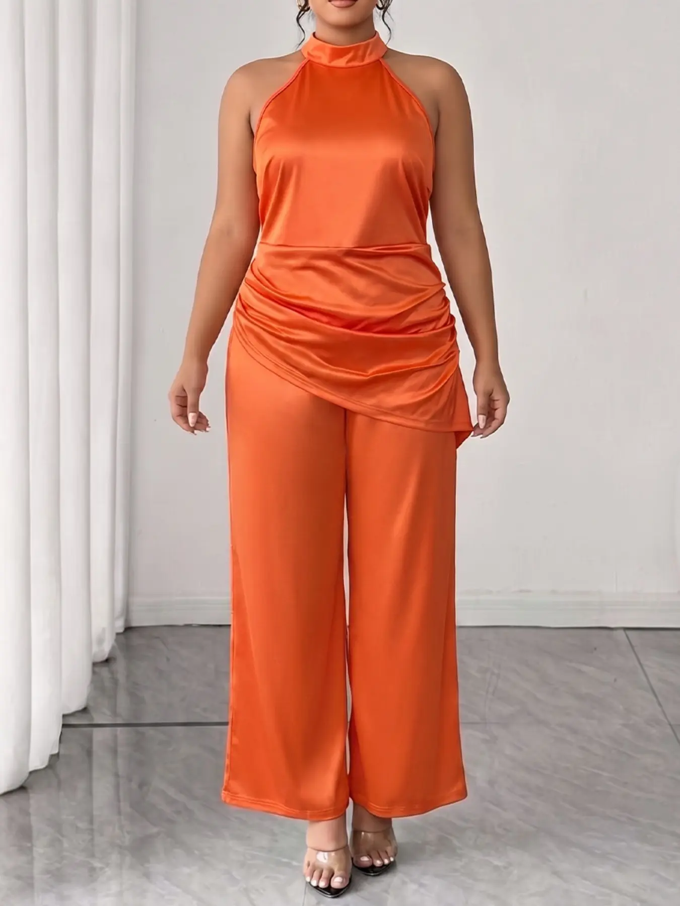 Plus Size Women's Summer Halter Sleeveless Ruched Waist Elastic Flowy Wide Leg Jumpsuit, Elegant Design for Daily Outing, Casual Gatherings
