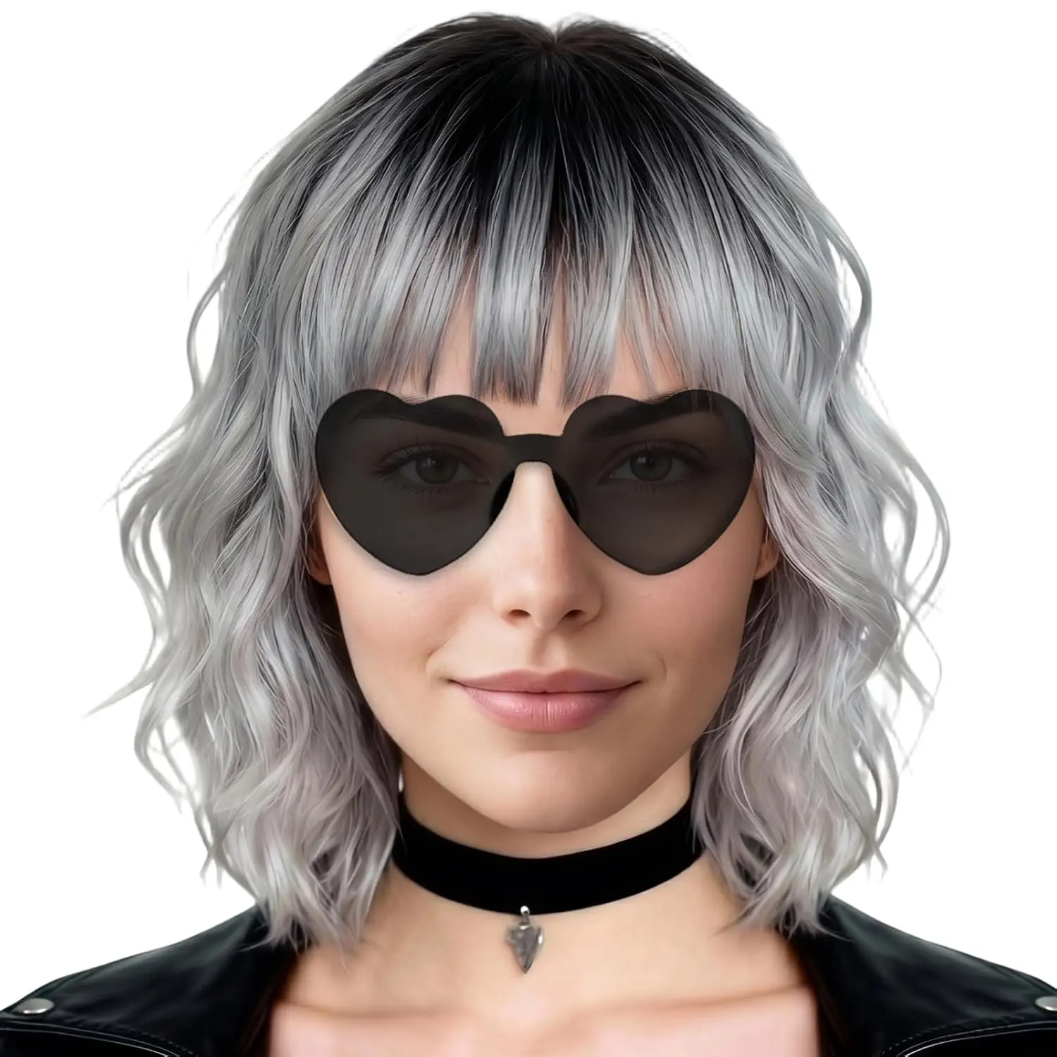 Gray Curly Bob Wig Heart Sunglasses for Women,  Length Wavy Wigs with Bangs Synthetic Hair with Hair Cap Funny Party Hair for Bachelorette Party Musicals Halloween Costume