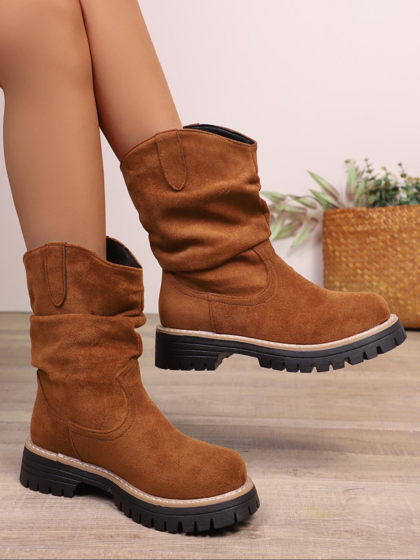 Women's new style pleated design fashionable warm outdoor solid color stretch velvet long boots, trendy mid-calf vintage denim boots, combat boots, motorcycle boots, Western Cowboy Boot, Western Inspired Boots, Footwear