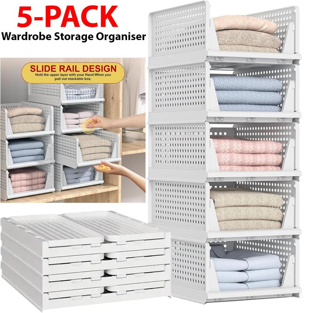 5-piece stackable and foldable wardrobe organizer boxes, suitable for storage in bedrooms, bathrooms, laundry rooms, and wardrobes, space-saving clothing storage drawer organizing baskets, white, Folding Storage Boxes