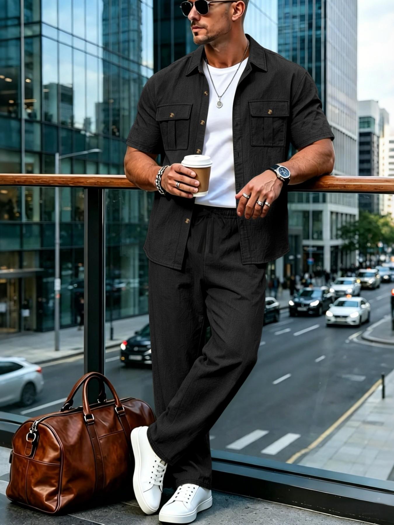 Summer Linen Style Men's Casual Short Sleeve Shirt and Long Pants Set, Resort Wear Set, Breathable Loose Fit Two-Piece, Drawstring Waist, Ideal for Vacation and Daily Wear Clothes, Clothing Sets, Menswear