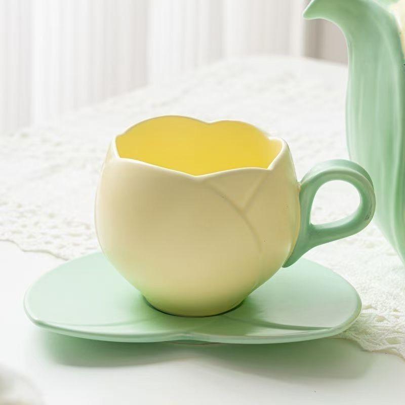 1 Count Ceramic Tulip Coffee Mug with Saucer Set, Shape Cup, Cute Mug Set, Latte Mugs for Tea Coffee Milk for Home Office Aesthetic 🌸Multi-use Cup and Saucer  Designer Coffee Mug ☕  🥐 🍰