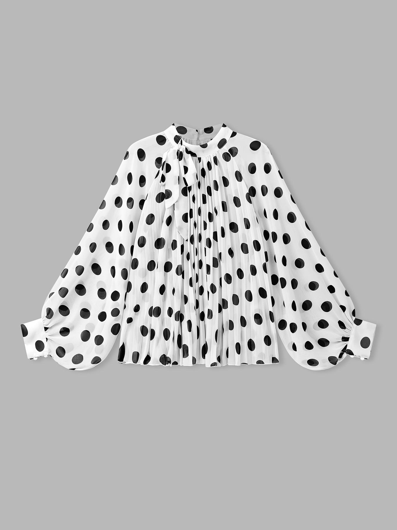 Women's Polka Dot Sheer Chiffon Blouse, Bow Tie Neck & Long-Sleeve Top, Loose Fit Elegant Feminine Shirt for Casual Daily, Party, Commute & Vacation Wear, Spring Summer Layering