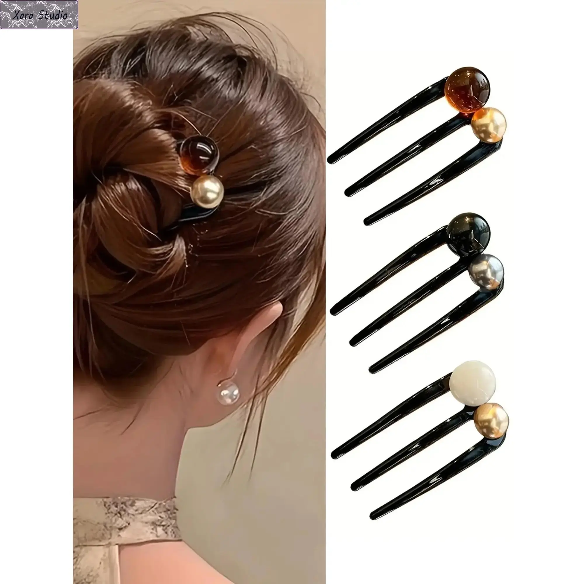 3-Pack U-Shaped Bun Hair Pins for Women – Chinese Style Beaded Hair Sticks, Elegant Durable Hair Bun Holders, Strong Grip Updo Hair Accessories, Vintage Fashion Hair Clips for Daily Wear, Office Commuting & Party Hairstyles