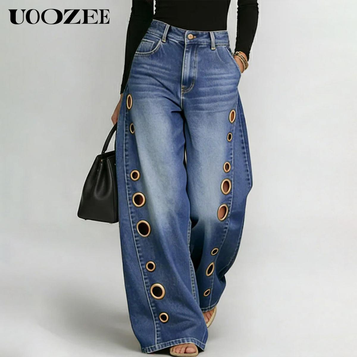 UOOZEE Women's Fall Jeans 2026 Graphic Eyelet Jeans, High-Waist Baggy Wide Leg Statement Denim Bottoms for Festival Looks,back to school shopping, Cropped