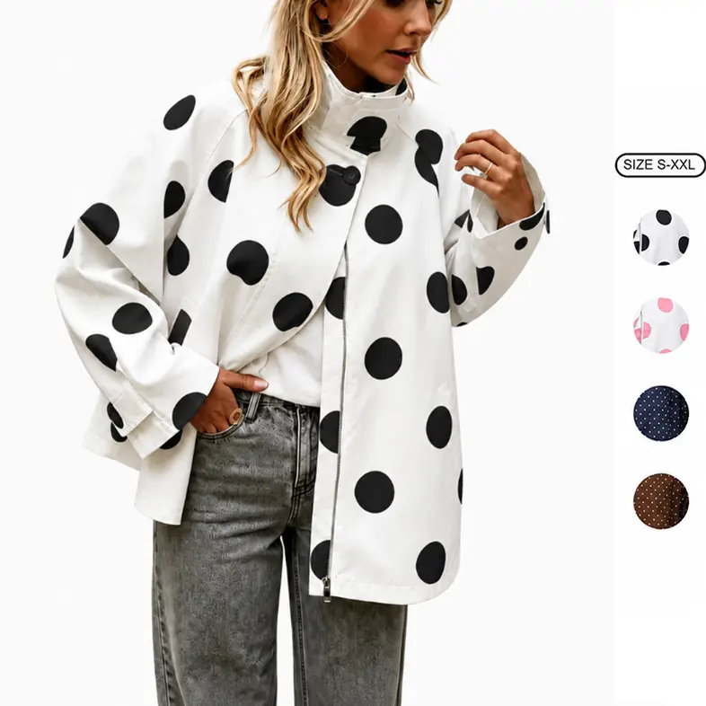Imily Bela Women Polka Dot Stand Collar Loose Swing Jacket Long Sleeve Button Front Back Vent Casual Short Outer Coat With Side Pockets