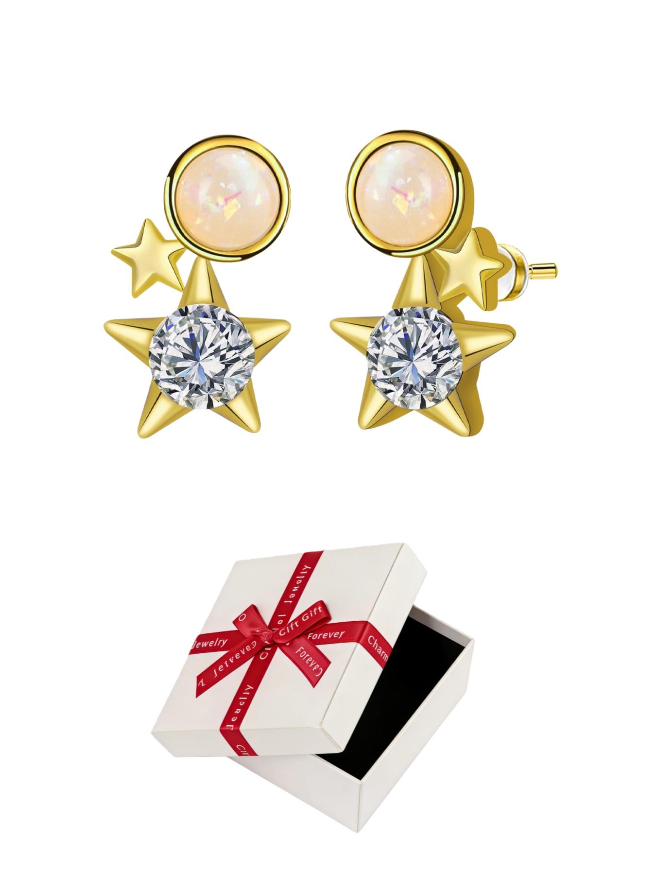 Double Glow Star Ring · Gold Sequence | Original Niche Star Opal Earrings, 925 Sterling Silver Needle Luxury Studs, Daily Essential Lucky Charm Accessory, Perfect for Valentine’s & Birthday Gifts