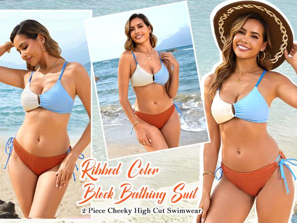 Blooming Jelly Color Block Textured U-Wire Swimsuits Womens Sexy Cheeky High Cut 2 Piece Bikini Sets Blooming Jelly Color Block Textured U-Wire Swimsuits Womens Sexy Cheeky High Cut 2 Piece Bikini Sets