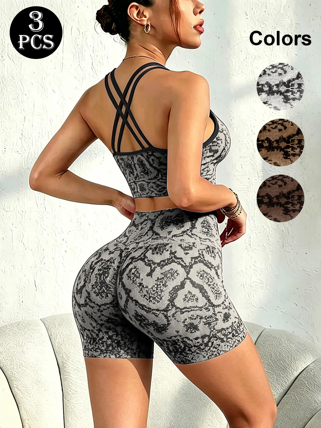 Seamless Snakeskin Print Yoga Set, Full Coverage Push-Up Bra & High Waist Butt Lifting Shorts, Spaghetti Strap Design, Casual Wear for All Seasons, High Stretch Activewear