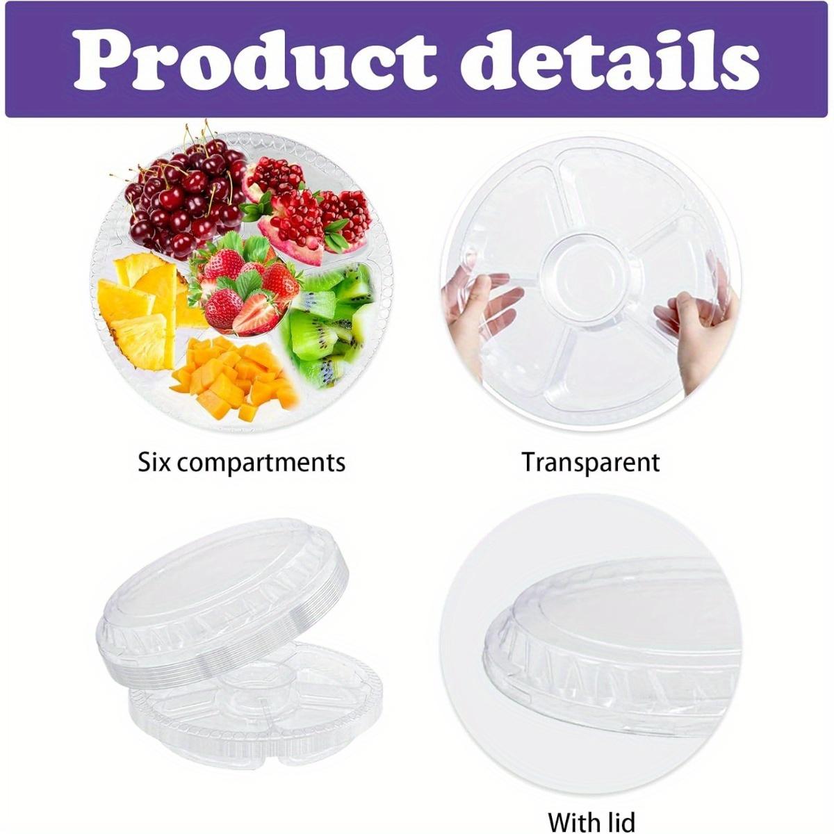 10 sets (10 lids+10 plates) Round Plastic Serving Tray, Clear Round Plastic Veggie Tray with Lid, Disposable Food Storage Containers 6 Divided Compartment Container for Fruit Nut Snack