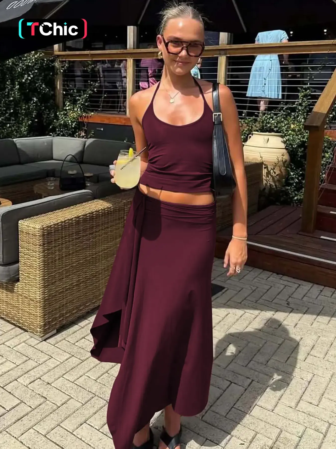 Women's Summer Outfit, Solid Sleeveless Tie-neck Cami Top & Bodycon Side Split Irregular Hem Long Skirt Two-piece Set, Sexy Backless Halter Neck Lace-up Camisole Crop Tank Tops with Slit Ruffles Skirts Suit, Ladies Party Club Date Holiday Casual Outfits
