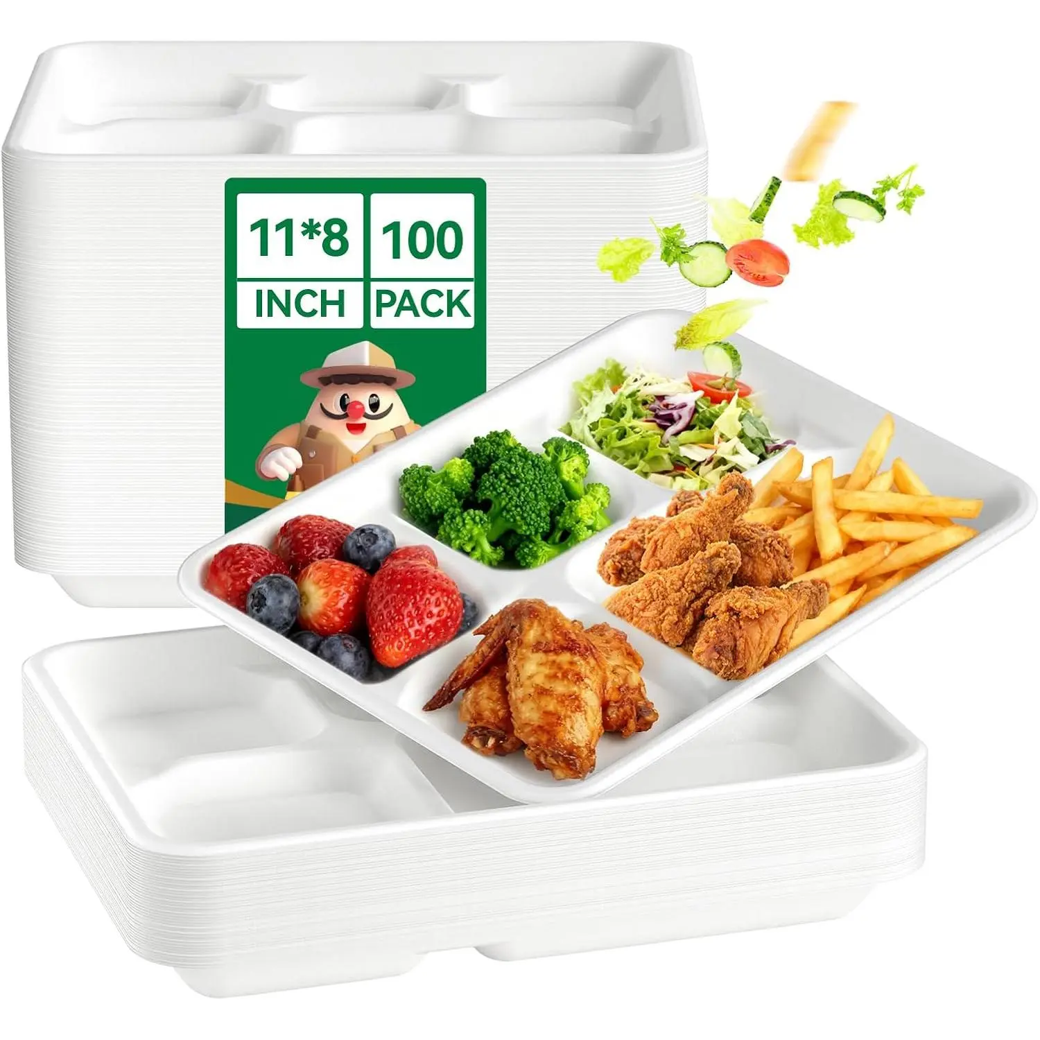 Compostable 5 Compartment Paper Plates 11*8 Inch 100 Pack Divided Plates | White Disposable Heavy Duty    Tray for Party Lunch Dinner Christmas